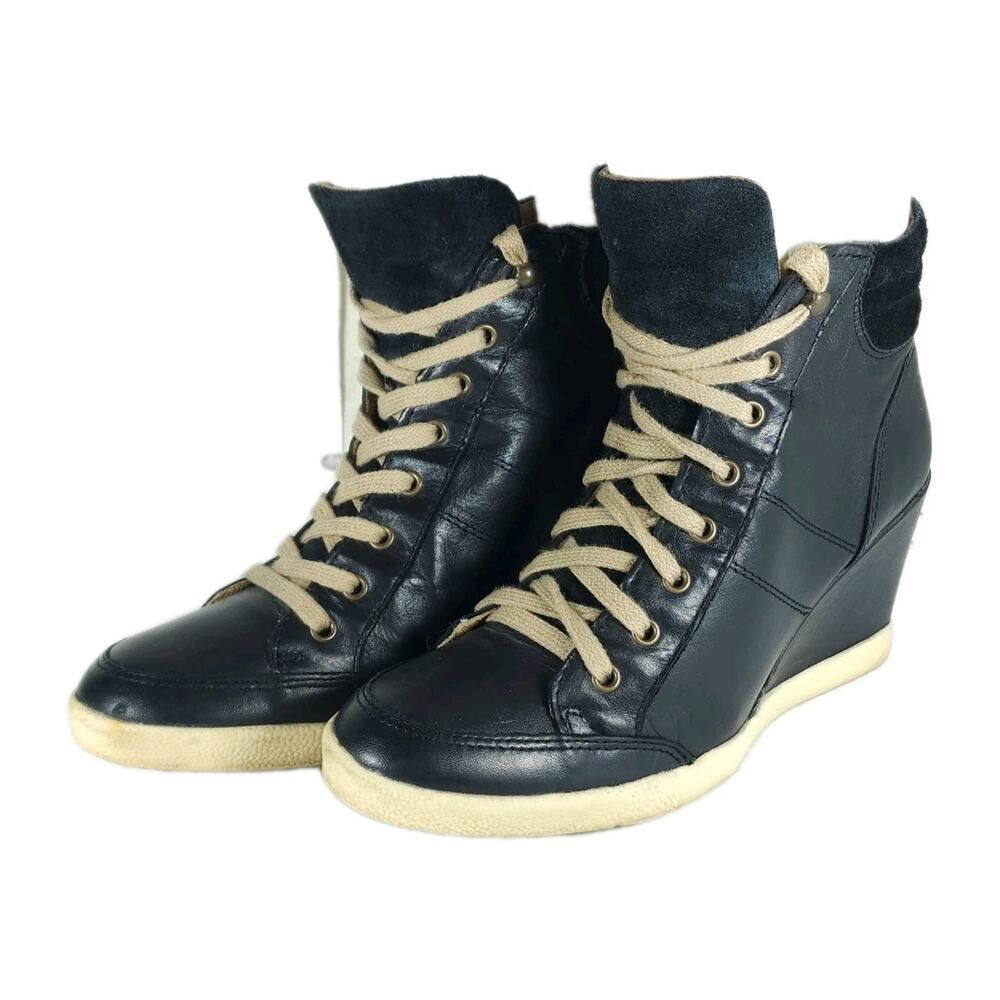 Miz Mooz Women's Angie EU38 US7.5 Black Leather Lace-Up Hidden Wedge Sneakers